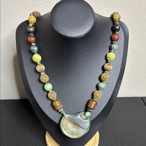 Vintage Carved Natural Beaded Ceramic Pendant Mixed Media Necklace Artisan